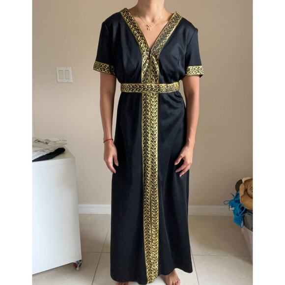 Vintage Mary-Martin Florida Black Gold Trim Short Sleeve Maxi Dress Size Small - Picture 1 of 11